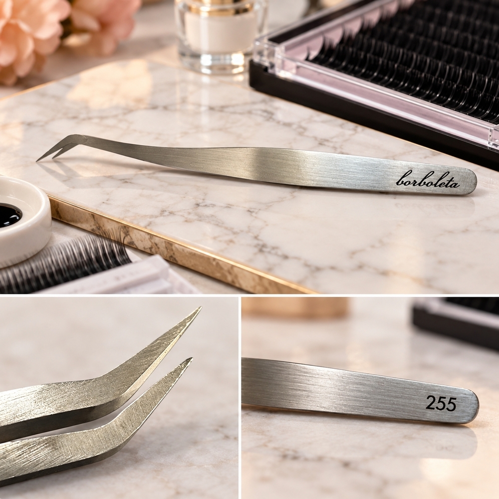 Borboleta Pro 255 Lash Extension Tweezers Stainless Steel Curved Tip 5"
